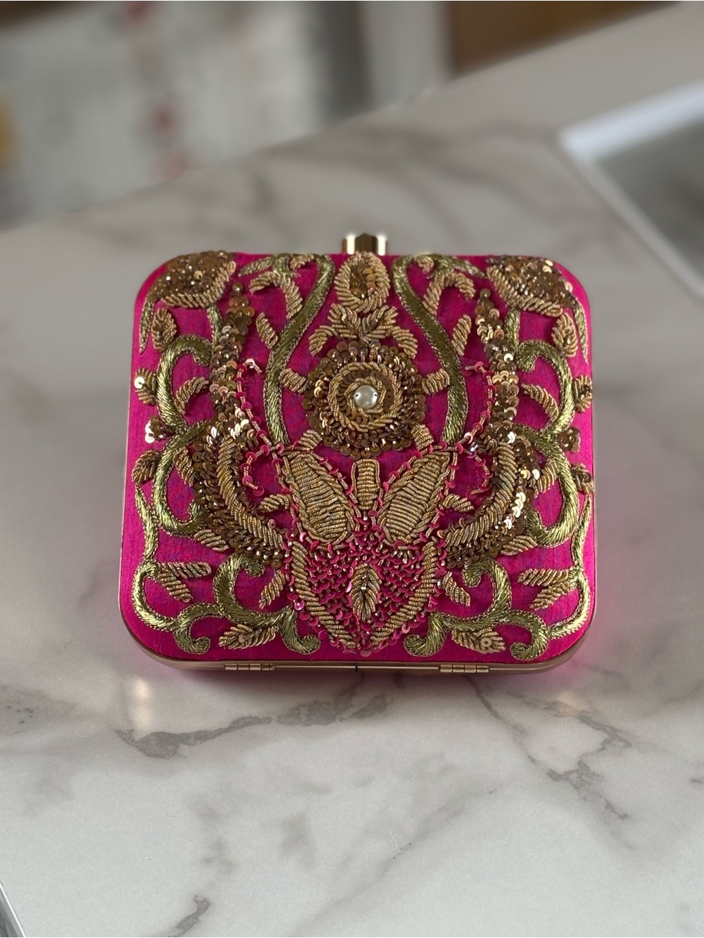 Source Unknown Hot Pink Clutch with Gold Embellished Embroidery
